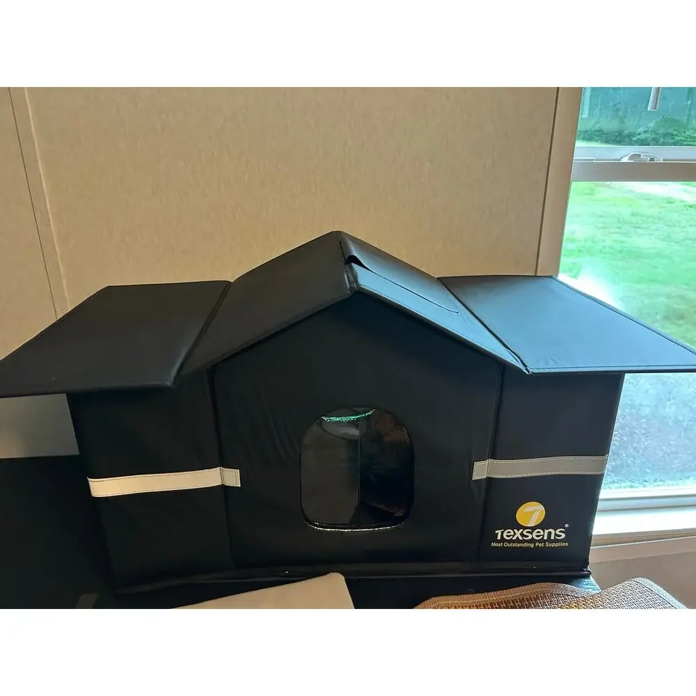 TEXSENS Outdoor Heated Cat House Weatherproof Feral Shelter Large Black